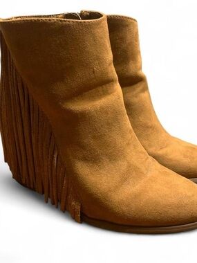 Forever 21 Tan Suede Fringe Wedge Ankle Boots